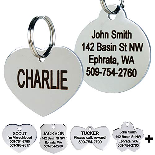 Product Cover GoTags Stainless Steel Pet ID Tags, Personalized Dog Tags and Cat Tags, up to 8 Lines of Custom Text Engraved on Both Sides, in Bone, Round, Heart, Bow Tie, Flower, Star and More (Heart, Regular)