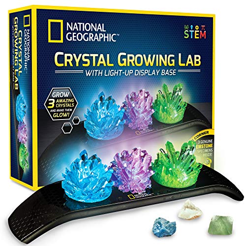 Product Cover NATIONAL GEOGRAPHIC Crystal Growing Kit - 3 Vibrant Colored Crystals to Grow with Light-Up Display Stand & Guidebook, Includes 3 Real Gemstone Specimens Including A Geode & Green Fluorite
