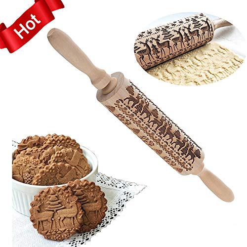 Product Cover suonabeier Christmas Rolling Pin Engraved Wooden Embossing Embossed Baking Cookies Tool Rolling Pins