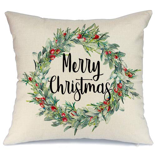 Product Cover AENEY Farmhouse Christmas Pillow Cover 18x18 inch for Christmas Decor Christmas Wreath Throw Pillow Christmas Decorations Throw Pillow Cover