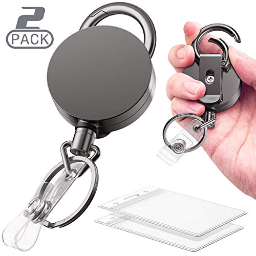 Product Cover 2 Pack Heavy Duty Metal Retractable Badge Holder Reel with Belt Clip Key Ring and Waterproof Vertical Clear ID Card Holder + 2 Extra Carabiner Key Chain Rings, 31 inches Strong Dyneema Pull Cord