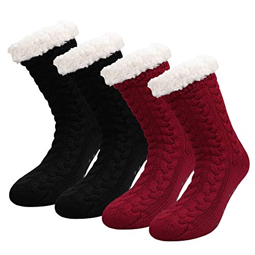Product Cover 2 Pairs Women's Winter Fleece Lined Socks Super Soft Warm Cozy Fuzzy Christmas Slipper Socks With Grippers