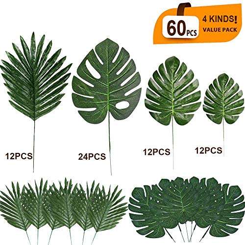 Product Cover 60 Pieces 4 Kinds Artificial Palm Leaves with Faux Stems Tropical Plant Leaves Monstera Leaves Safari Leaves for Hawaiian Luau Party Jungle Beach Table Leave Decorations