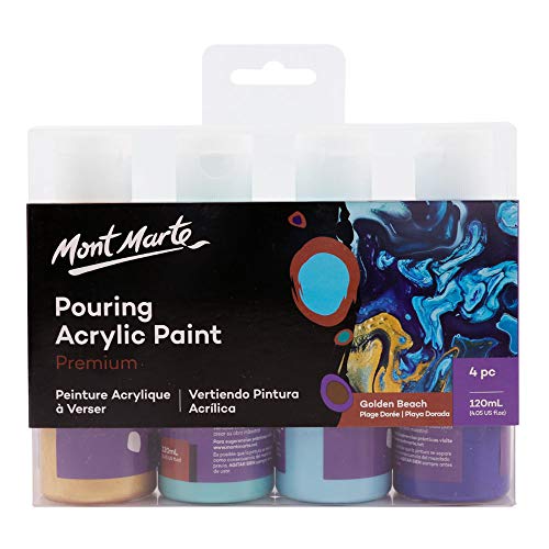 Product Cover Mont Marte Premium Acrylic Pouring Paint Set, Golden Beach, 4 x 4oz (120ml) Bottles, Pre-Mixed Acrylic Paint, Suitable for a Variety of Surfaces Stretched Canvas, Wood, MDF and Air Drying Clay.
