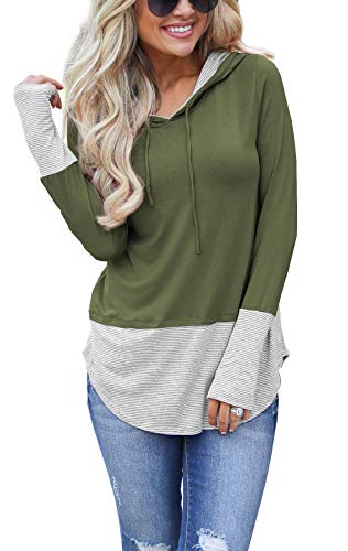 Product Cover TongKiKi Women's Pullover Long Sleeve Color Block Hoodies Drawstring Sweatshirts with Thumbholes,Army Green,M