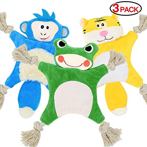 Product Cover Dog Squeaky Toys for Small Dogs,Stuffless Puppy Toys with Crinkle,Puppy Chew Toys Teething,Dog Plush Toys Cotton Rope,Animal Dog Toy Pack 3 Tiger Frog Monkey Pet Toys for Dogs Indestructible