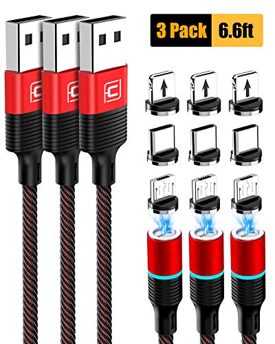 Product Cover CAFELE Magnetic Charging Cable, 3Pack,9 Adapters, 6.6ft QC3.0 Fast Charging Nylon Braided Cord, Support Data Trasfer, Universal Magnet Phone Charger Compatible with Micro-USB Type-C i0S Devices -Red