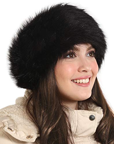 Product Cover Womens Faux Fur Headband with Elastic Stretch - Ladies Winter Earwarmer Earmuff (Black)
