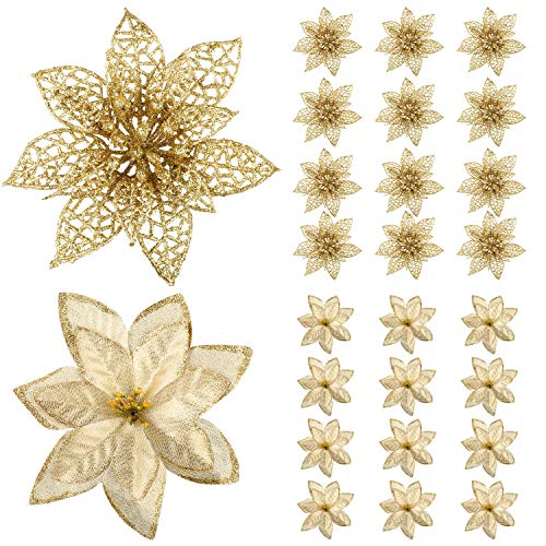 Product Cover Gejoy 24 Pack Glitter Poinsettia Christmas Tree Ornaments Gold Artificial Christmas Flowers for Christmas New Year Wedding Party Floral Decorations