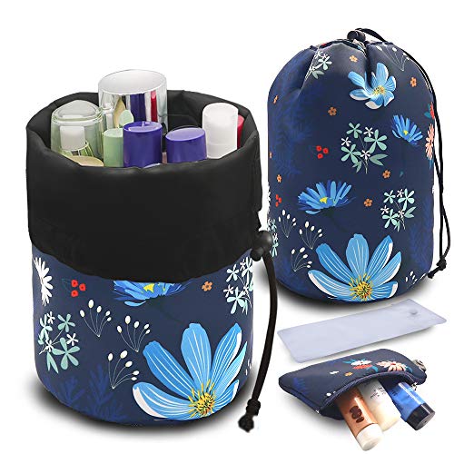 Product Cover UYRIE Portable Makeup Toiletry Cosmetic Travel Organizer Bag, Large Drawstring Hanging Packing Bag for Women Girl Men, Lightweight Multifunctional Barrel Shaped Storage Bag (Blue Flower)