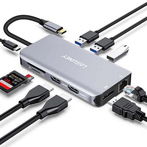 Product Cover Lasuney Type USB C HUB (4 Different Displays Only for Windows) with to 2 HDMI, Displayport, PD3.0, Ethernet, 3 USB3.0, SD/TF, 10 in 1 Multiport Adapter Dongle for IPad MacBook Air Pro and More