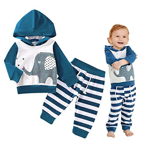 Product Cover Baby Boy Clothes Long Sleeve Cartoon Print Hoodie Sweatshirt Tops and Striped Pants Sweatsuit Outfits Set