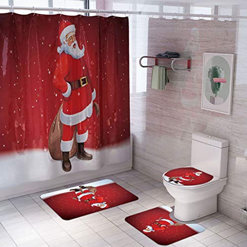 Product Cover ARTIFUN 4 PCS Christmas Bathroom Decorations Set Toilet Seat Cover Rug Shower Curtain Sets Xmas Santa Claus Elk Snowman Bathroom Decor