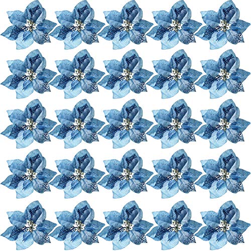 Product Cover SATINIOR 20 Pieces Glitter Poinsettia Christmas Tree Ornaments Artificial Poinsettia Flowers for Wedding Festival Decoration (Blue)