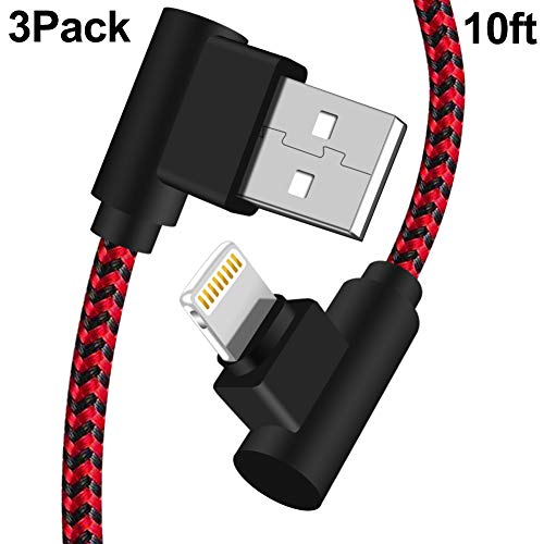 Product Cover 90 Degree iPhone Charger 10FT Lightning Cable Braided 3 Pack Angled Charging & Data Transfer Cord Compatible with iPhone X/XS/XSmax/XR/8/7/6/iPad(Red Black,10 ft)