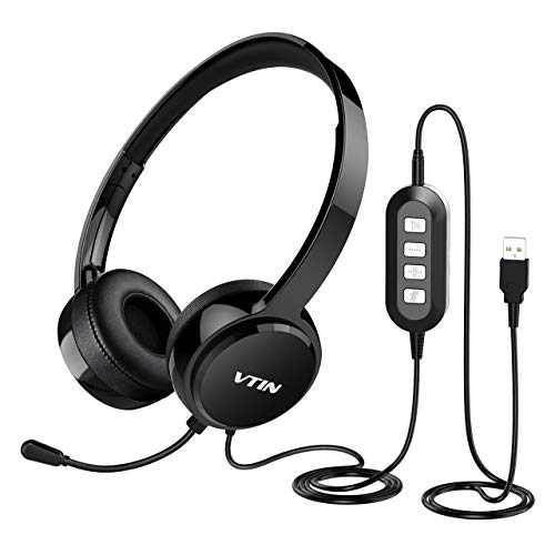 Product Cover Vtin Computer Headset with Microphone, Lightweight Wired 3.5mm/USB Headsets with Noise Cancelling Mic, Stereo Skype Headphones, Comfort-Fit Call Center Headsets for Laptop, PC, Phone, Mac