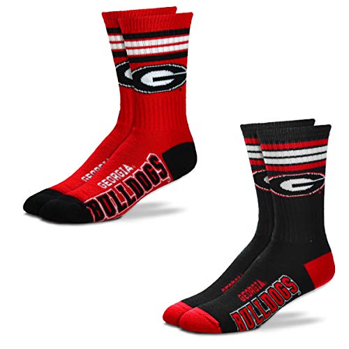 Product Cover For Bare Feet Men's NCAA (2-Pack)-4 Stripe Deuce Crew Socks-Size Large and Medium (Georgia Bulldogs-2 Pack-Black & Red, Large (10-13))