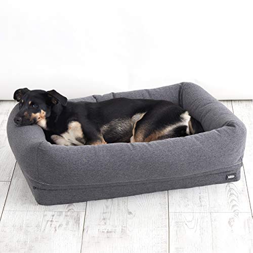 Product Cover BarkBox Memory Foam Dog Bed | Plush Orthopedic Joint Relief 2-1 Crate or Pillow Bed, Machine Washable + Removable Cover; Waterproof Lining, Includes Squeaker Toy | Medium | Grey