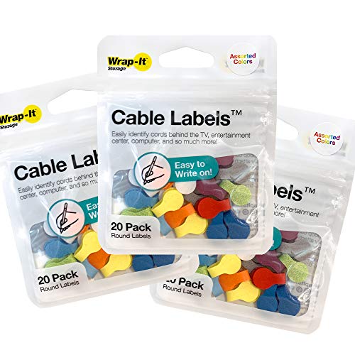 Product Cover Cable Labels by Wrap-It Storage, Round, Multi-Color (60 Pack) Write On Cord Labels, Wire Labels, Cable Tags and Wire Tags for Cable Management and Identification for Electronics, Computers and More