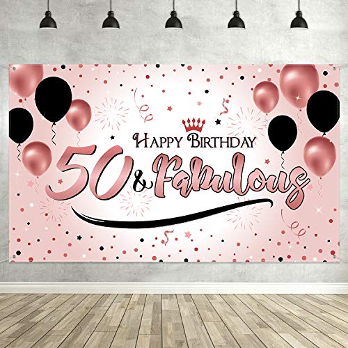 Product Cover 50th Birthday Party Decoration, Extra Large Fabric Sign Poster for 50th Anniversary Photo Booth Backdrop Background Banner, 50th Birthday Party Supplies (Rose Gold)