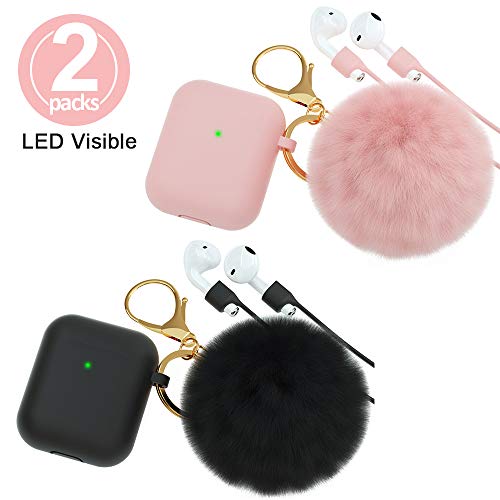 Product Cover BRG for AirPods Case,Soft Cute Silicone Cover for Apple Airpods 2 & 1 Cases with Pom Pom Fur Ball Keychain/Strap/Earbuds Accessories (Front LED Visible)