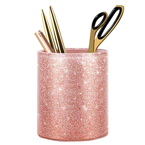 Product Cover WAVEYU Pen Holder, Pencil Cup Desk Glitter Bling for Women Girls,  Luxury Makeup Brush Holder Large Pu Leather Multi-Functional Organizer Cup, Gift for Office, Classroom, Home, Rose Gold