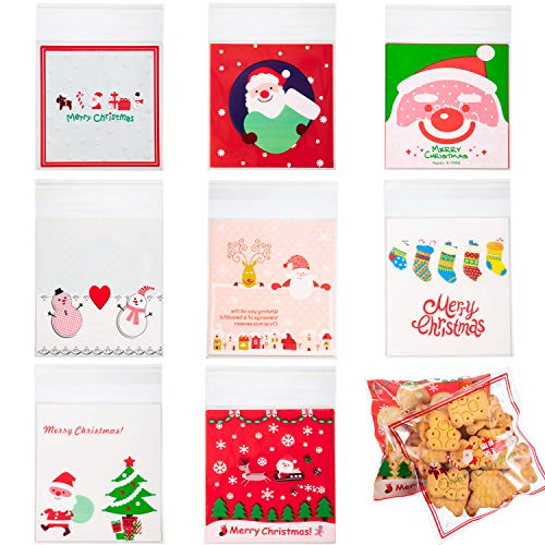Product Cover 400 Pieces 4 x 4 Inch Christmas Self Adhesive Treat Cookie Bag Chocolate Candy Gift Bags Party Biscuit Favor Bags, 8 Styles