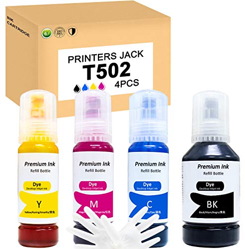 Product Cover PJ T502 Compatible Ink Bottle Replacement for Epson 502 Refill Ink for Expression ET-2700 ET-2750 ET-3700 Workforce ET-3750 ET-4750 ST-2000 ST-3000 ST-4000 (4 Pack, BK/C/M/Y)