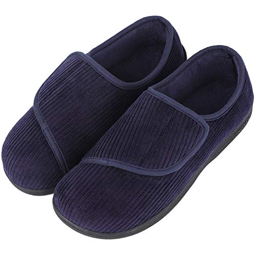 Product Cover LongBay Men's Memory Foam Diabetic Slippers Comfy Warm Plush Fleece Arthritis Edema Swollen House Shoes (11 D(M) US, Navy Blue Side Seamed)