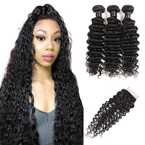 Product Cover Upgraded 8A+ Brazilian Deep Wave 3 Bundles with Closure(14 16 18+12) 100% Virgin Human Hair Loose Deep Curly Wave Bundles with 4X4 Closure Free Part Natural Color