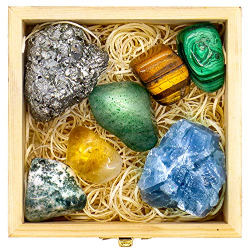 Product Cover Premium Grade Crystals and Healing Stones for Abundance and Prosperity in Wooden Box - Malachite, Pyrite, Citrine, Aventurine, Blue Calcite, Tree Agate, Tiger's Eye Gemstones + Info Guide, Gift Kit