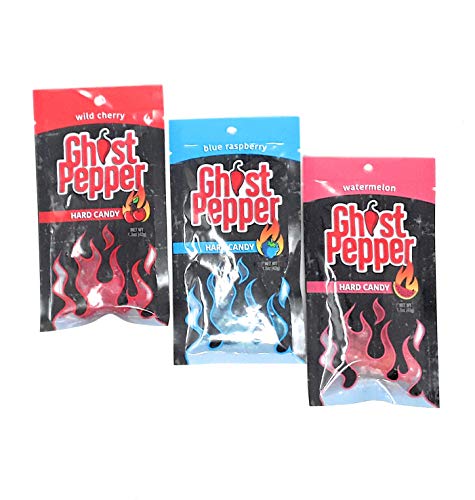 Product Cover Flamethrower Candy Co - Ghost Pepper Hard Candies - 3 Flavors (Blue Raspberry, Cherry, Watermelon) - 1.5 oz Bags - Sweet and Spicy!