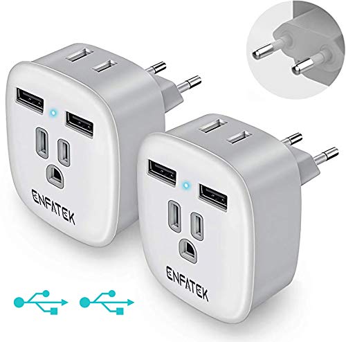 Product Cover European Travel Plug Adapter - ENFATEK European Plug Adapter, Adapter for European Outlets with 2 USB, 2 American Outlets, Us to Europe Plug Adapter for Most of EU Countries 2 Pack Type c (European)