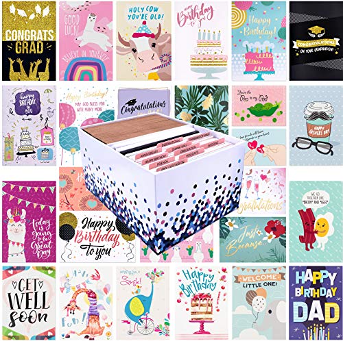 Product Cover 100 All Occasion Greeting Cards- 100 Eye Catching Designs with Greeting Card Organizer Box- Friendship Cards, Anniversary Cards, BFF Cards, Thanks Cards, Wedding Cards & More- 4 x 6 with 100 Envelopes