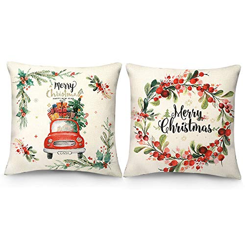 Product Cover CDWERD 2PCS Christmas Pillow Covers 18×18 Inches Red Berry Wreath Red Car Christmas Tree Watercolor Style Merry Christmas Pillowcase Cotton Linen Decorative Pillowcase Sofa Cover