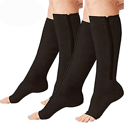 Product Cover 2 Pairs Compression Socks Toe Open Leg Support Stocking Knee High Socks with Zipper (Black, XXL) ...