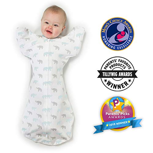 Product Cover Amazing Baby Transitional Swaddle Sack with Arms Up Mitten Cuffs, Tiny Elephants, Blue, Medium, 3-6 Months (Parents' Picks Award Winner)