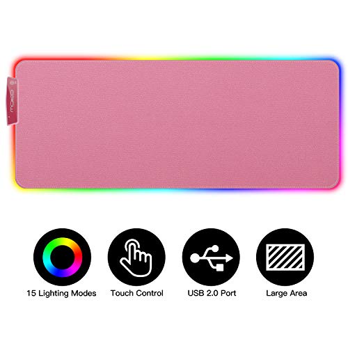 Product Cover MoKo RGB Gaming Mouse Pad, Large Extended Glowing Led Mousepad with 15 Lighting Modes and USB 2.0 Port, Non-Slip Rubber Base Computer Keyboard Pad Mat for Gamer, 32.09 x 12 x 0.16 Inch - Cherry Pink
