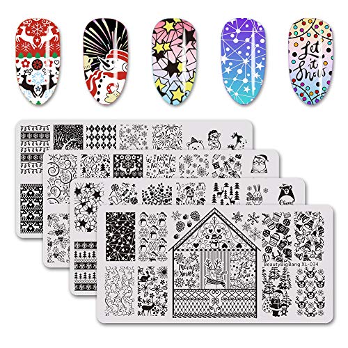 Product Cover BEAUTYBIGBANG 4Pcs Nail Stamping Plate Christmas Theme - Santa Reindeer Snowflake Tree Bell Winter Image Plate Nail Art Design Stamp Kit Manicure Template Set