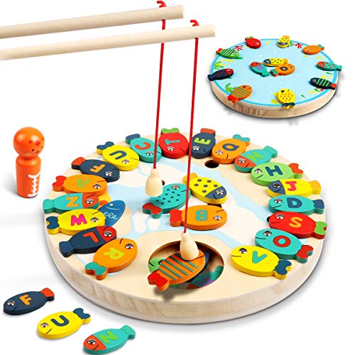 Product Cover Lydaz 30 PCS Wooden Magnetic Fishing Game, Magnetic Alphabet Letters Fishing Toy, Montessori Educational Games Fine Motor Skill Toys for 3 4 5 Year Old Boys Girls Kids Toddlers