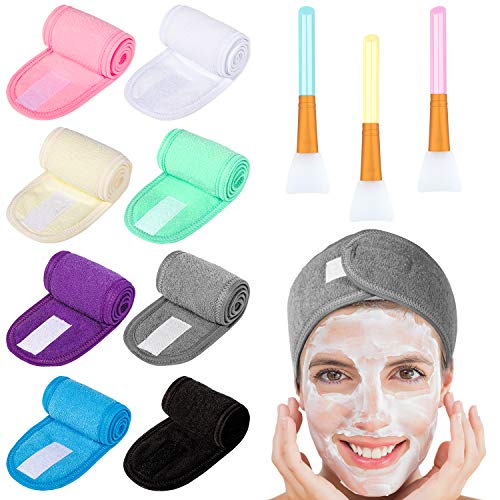 Product Cover Whaline 8 Pack Multicolor Spa Makeup Headband with 3Pcs Silicone Face Mask Brush, Facial Headbands Hair Towel Wrap with Magic Tape and Body Butter Applicator Tools for Wash Face,Bath,Shower and Sport