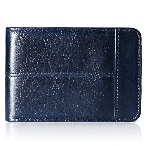 Product Cover Mens Wallet Slim Genuine Leather RFID Thin Bifold Wallets For Men ID Window 12 Card Holders Gift Box (NavyBlue)