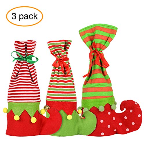 Product Cover WONGYEE 3pcs Christmas Wine Bottle Cover, Elf Boots Stocking Candy Gift Wine Stocking Bags Christmas Decoration