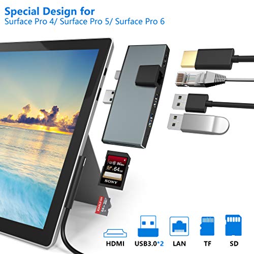 Product Cover 【Upgraded Version】 Surface Pro USB Hub Docking Station 6 in 1 Converter Adaptor with 100M Ethernet LAN+2 Port USB 3.0+Mini DP to HDMI+SD/TF(Micro SD) Card Reader for Surface Pro 4/ Pro 5/ Pro 6
