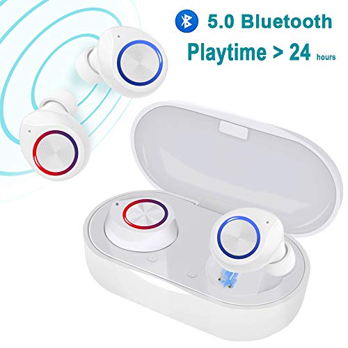 Product Cover True Wireless V5.0 Bluetooth Earbuds Waterpoof LED Sports in-Ear Headphones, HD Stereo Sound Bluetooth Wireless Earphone with Charging Case (White)