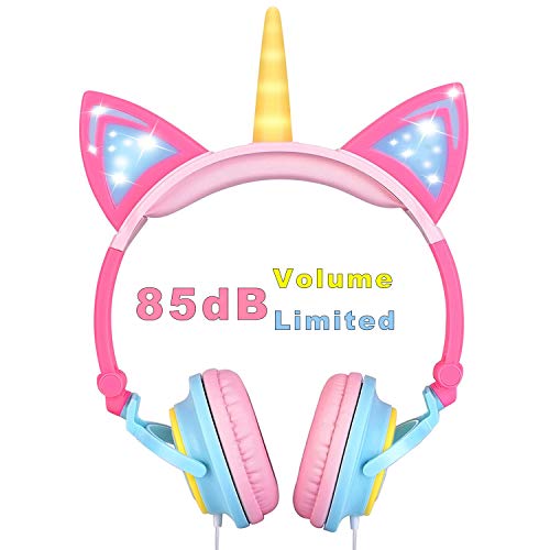 Product Cover VERORAS Unicorn Kids Headphones, Glowing Unicorn Cat Ear LED Headphones for Children On/Over Ear, Wired Adjustable Foldable Headset, 85dB Volume Limited,Perfect for Kids Gift
