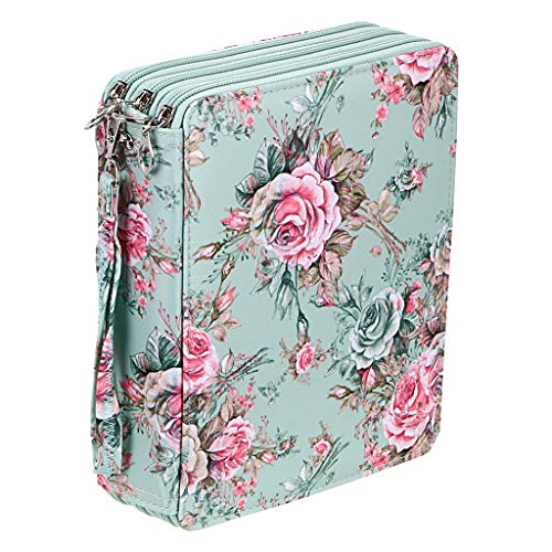 Product Cover BTSKY Colored Pencil Case- 120 Slots Pencil Holder Pen Bag Large Capacity Pencil Organizer with Handle Strap Handy Colored Pencil Box with Printing Pattern Rose