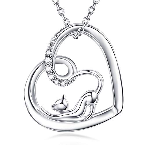 Product Cover AmorAime 925 Sterling Silver Cat Necklace for Women Heart Necklace Fashion Cute Cat Pendant Dainty Necklace Gift for Birthday for Christmas