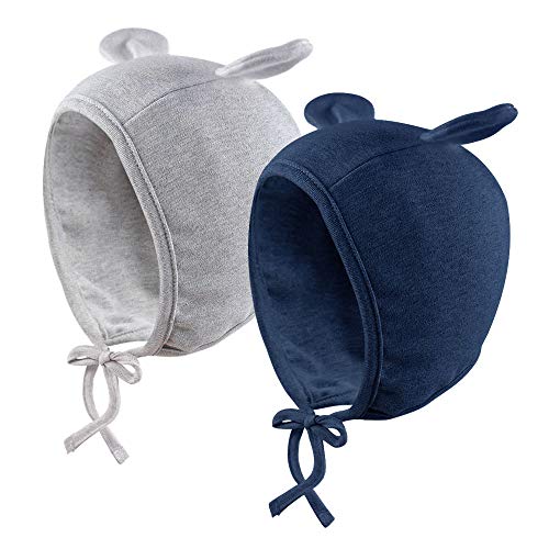 Product Cover JANGANNSA Newborn Baby Hospital Hat Infant Set Head Cap Lovely Ears Belt Beanie 0-8Months(Bear(Gray+Navy)