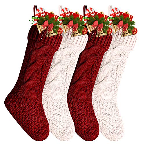 Product Cover Christmas Stockings, 4 Pack 18 inches Large Size Knitted Xmas Stockings, Decorations for Family Holiday Season Decor, Cream and Burgundy Christmas Stockings,Xmas Decorations